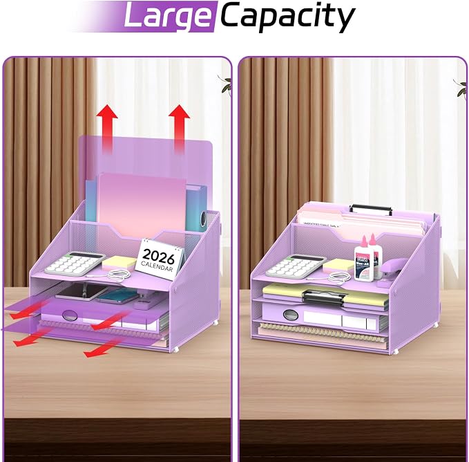 Desk File Organizer, 4 Letter Trays and 2 Upright Sections, Purple | Paper Organizer for Desk with Tiered Letter Trays and Vertical File Holders for Home Office, School and Workspace Use