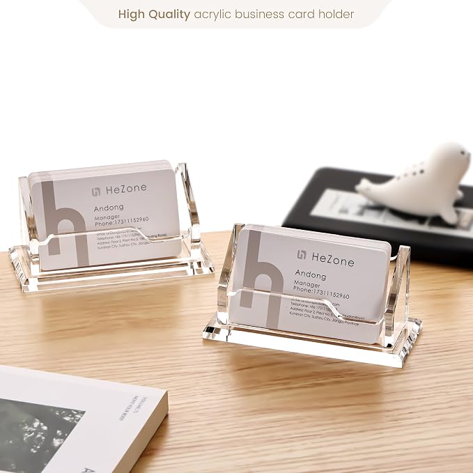 HeZone Acrylic Card Holder Clear Horizontal Business Card Organizer Stand for Desk 1 Slots Business Cards Stand for Women and Men,Desk Accessories for Office, Tabletop (2pack)