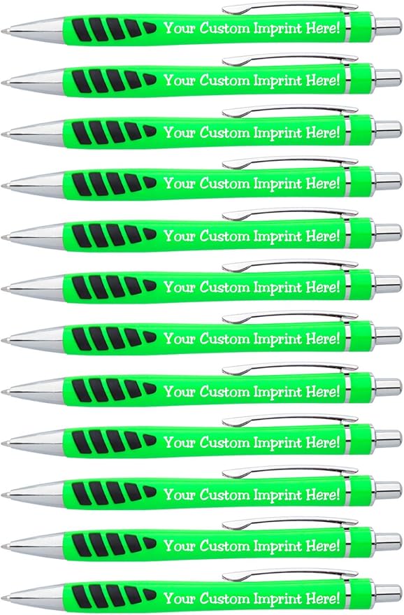 ExpressDesigns™ - Your Name or Imprint on our Custom Printed Addison Ballpoint Pen - Rubber Grip For Writing Comfort And Control, black ink, medium point - 12 Pack (Neon Green)