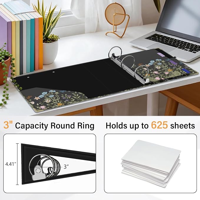 3 Ring Binder 3 Inch Round Ring Binder with 6 Tab Dividers，2 Interior Pockets，Cute Binder Clipboard with Storage, for School Office, Portfolio Organizer with Labels(Wild Flowers)