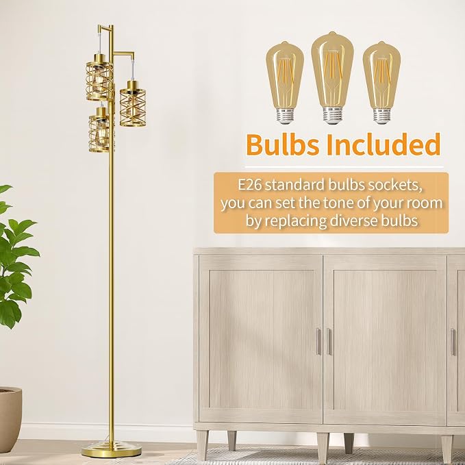 70" Industrial Floor Lamp, Stepless Dimmable Standing Lamp with 3 Bulbs, Farmhouse Corner Standing Tree Lamp for Living Room, Tall Lamps for Bedroom, Office, Study Room, Dining Room, Gold