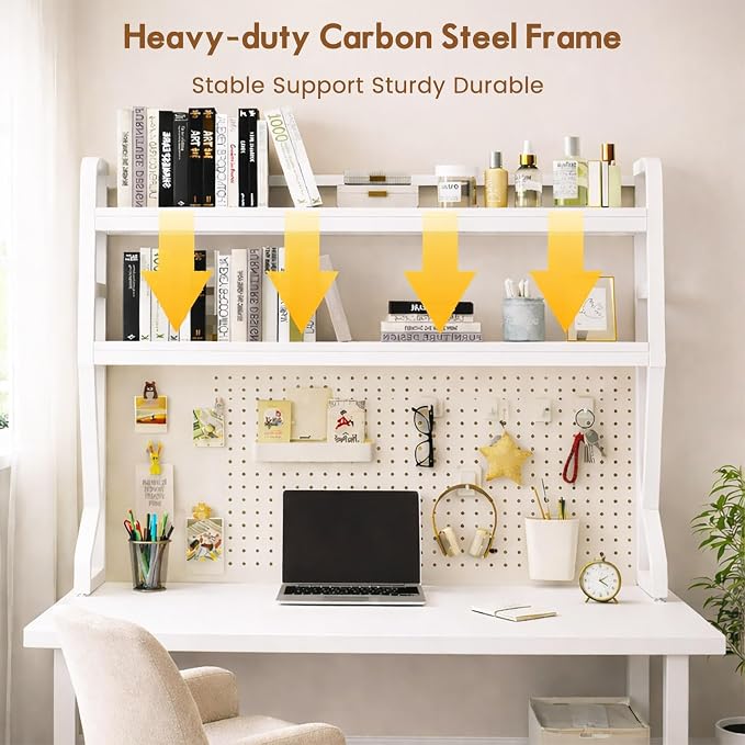 Lefedrasticity 3 Tier Desktop Bookshelf with Pegboard Desktop Organizer Shelf for Dorm Heavy-Duty Desk Shelf Organizer Desk Bookshelf for Office Dorm Room Gaming Desks (White, 37.4" L)