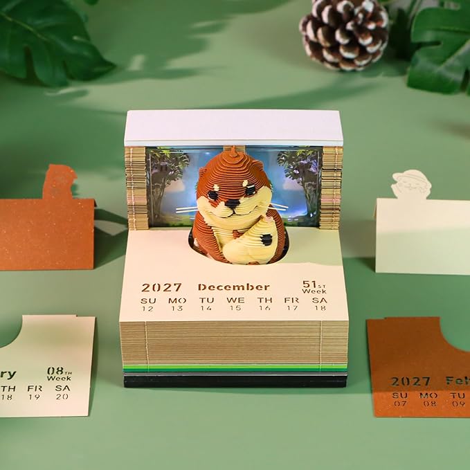 3D Time Piece Calendar, 2027 Desk Calendar With LED Light, 3d Tree Memo Pad Creative Desk Calendar, Christmas Gift for Colleague Friend, Desktop Decoration(Sea Otter)