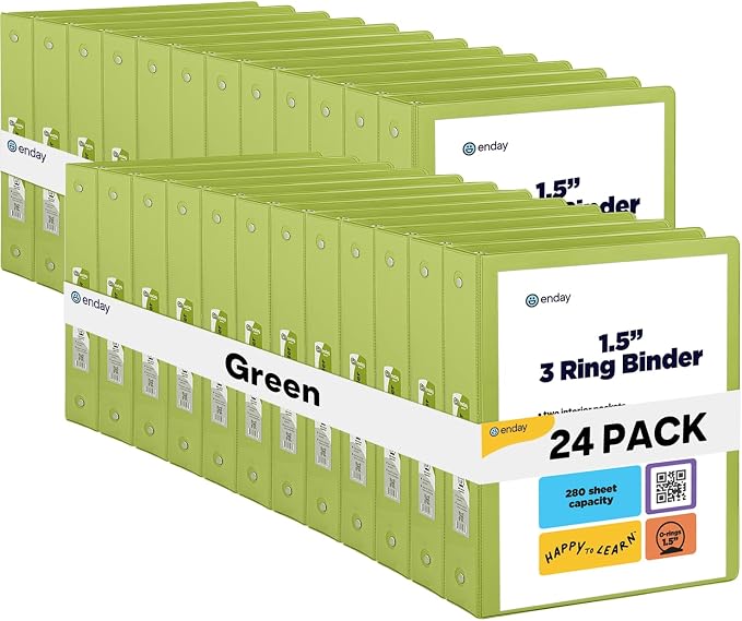 Enday 1.5 Inch Binder (24 Pack - Green) 3 Ring Binder 1.5 inch with Clear View Cover and 2 Inside Pocket - for Letter Size 8.5 x 11'' Paper, Ideal for School Supplies, Office, and Home