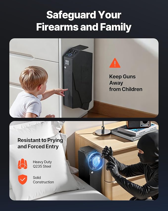 VEVOR Gun Safe, Slider Handgun Gun Safe with Screen, 3-Way Quick Access,Fingerprint/Password/Key, Firearm Case Box with LED for 1 Pistol & Magazine, Mounted Gun Box for Nightstand Bedside Desk Car