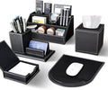 5PCS Desk Organizer and Accessories Set, Pu Leather Office Supplies with Multifunction Desktop Organizer Storage Box, Tissue Holder, Mouse Pad, Note Paper Holder, Pencil Holder for Desk Black