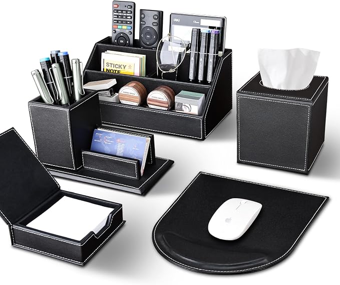 5PCS Desk Organizer and Accessories Set, Pu Leather Office Supplies with Multifunction Desktop Organizer Storage Box, Tissue Holder, Mouse Pad, Note Paper Holder, Pencil Holder for Desk Black