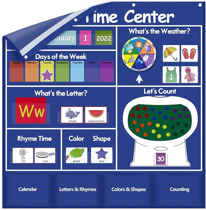Auchq Circle Time Learning Center Pocket Chart, Heavy-Duty Kids Calendar for Classroom, Educational Pocket Chart Learning Calendar Weather Letter Counting Rhyme Color Shape (Blue)