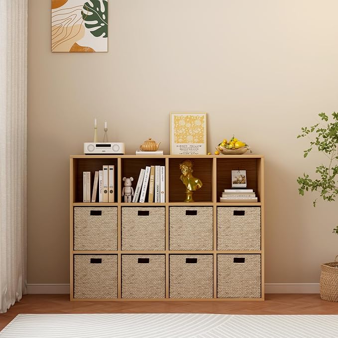 12-Cube Storage Shelf Bookcase, Oak | Wooden 3-Tier Open Bookshelf, Fits 11×11" Bins, Vertical or Horizontal Use, Full Back Panels, For Home Office