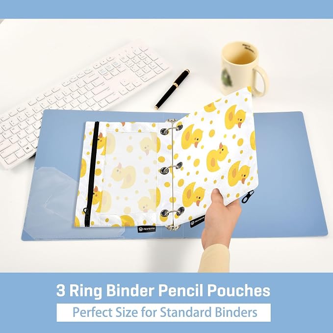Cute Yellow Ducks Pencil Pouch for 3 Ring Binder, 2 Pack Waterproof Pencil Bags Clear Window Pencil Case Zipper School Office Supplies
