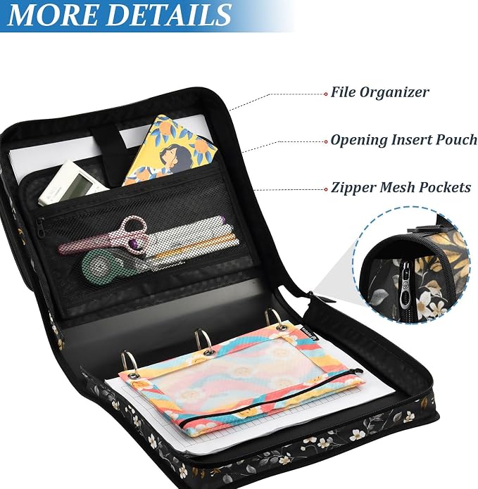 ALAZA Zipper Binder 3 Ring Vintage Flowers Binder Organizer with Zipper and Shoulder Strap Large Capacity Multi-Pocket Trapper Keeper File Folder for Office Supplies