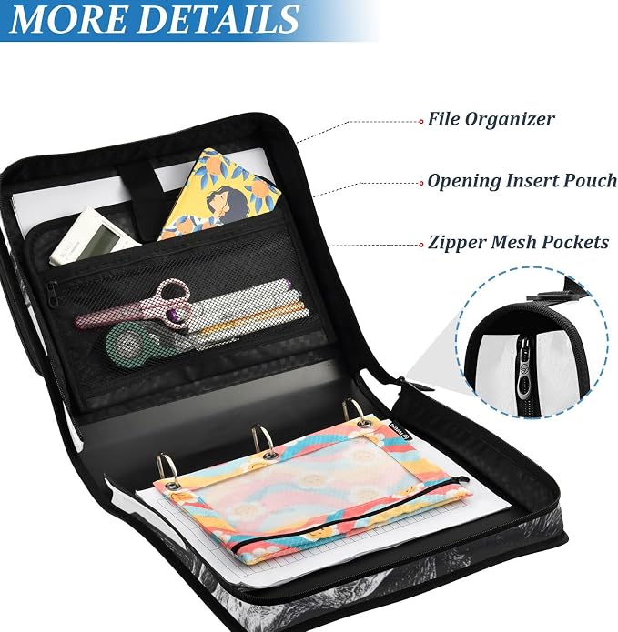ALAZA Zipper Binder 3 Ring Book Skull Crow Binder Organizer with Zipper and Shoulder Strap Large Capacity Multi-Pocket Trapper Keeper File Folder for Office Supplies