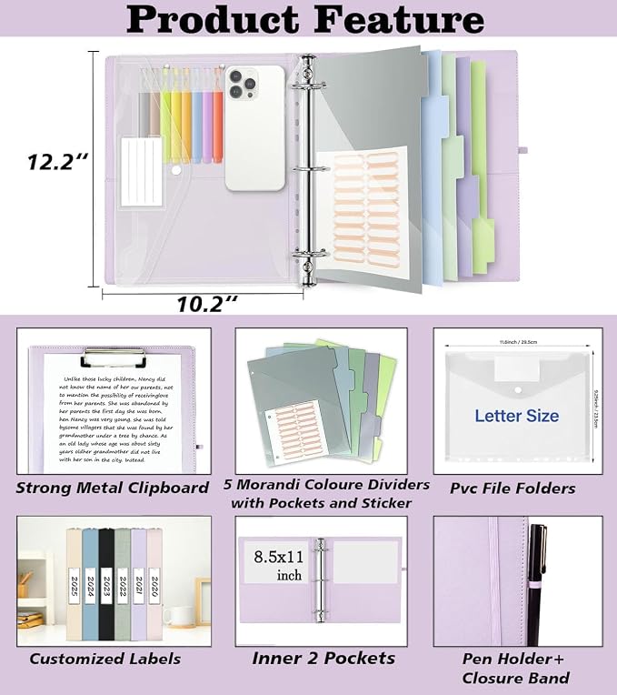 3 Ring Binder, 1 Inch Leather Binders with Clipboards, 5-Tabs Pockets Dividers, 18 Divider Stikers, Plastic Folder, Pen Holder, Three Ring Binder with Pen Holder(Purple, Letter Size)