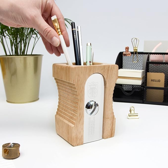 Suck UK Pen Holder - Wooden Pencil Sharpener - Stationary Organiser - Desk Tidy - Quirky Office Desk Accessories - Funny Pencil Pot Novelty Pen Holder - Vintage Teacher Gifts For Men - Light