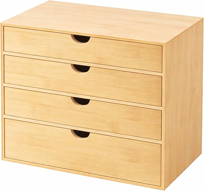 Neando Bamboo Desk Organizer with Drawers, 4-Tier Wooden Desk Organizer, Small Desktop Storage for Office Supplies, Makeup, Accessories, Space-Saving Organizer for Desk, Vanity & Home