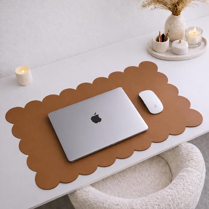 Orelle Scalloped Desk Mat | Vegan Leather Desk Mat for Keyboard and Mouse, Laptop, Makeup Vanity | Computer Desk Pad Mat | Office Desk Cover Mat | Desk Blotter Mat | 30 x 15” | Brown