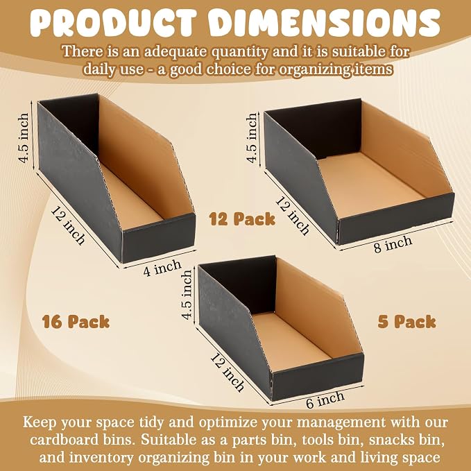 Novabright 33 Pack Cardboard Storage Bins Boxes, 3 Size Open Top Bin Box in 12"x8"x4.5"/ 12"x6"x4.5"/ 12"x4"x4.5", Corrugated Cardboard File Organizer for Warehouse, Parts, Shelf, Garage, Pantry, Shop