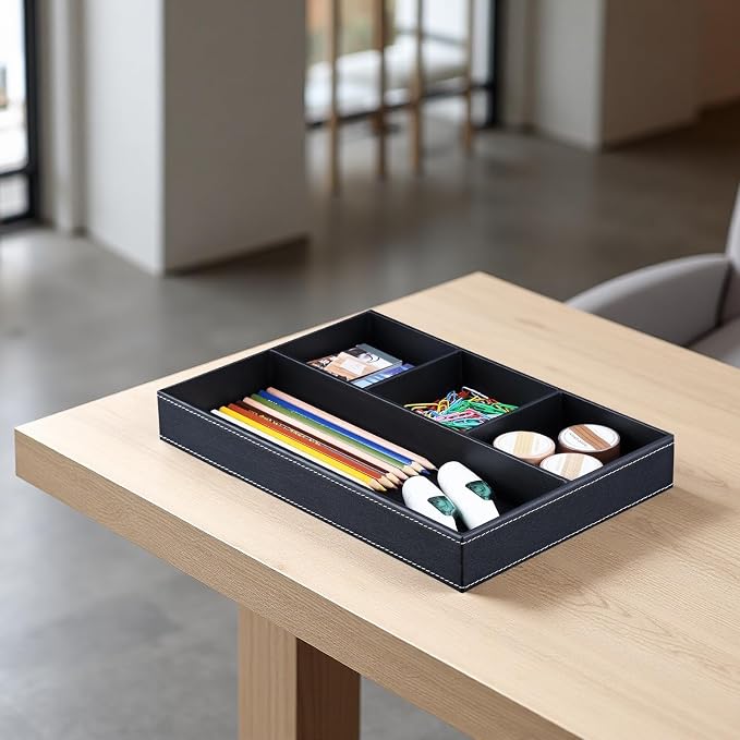 Pu Leather Desk Organizer Tray, 4 Compartment Office Storage Supplies Stationery Drawer Tray, Nightstand Bedside Tray for Key, Wallet, Sunglass, Watch, Coin, Phone Valet Tray Stackable Black
