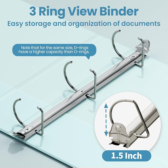 SUNEE 3 Ring Binder 1.5 Inch D Ring, Clear View Binder Three Ring PVC-Free (Fit 8.5x11 Inches) for School or Office Supplies, Pastel Blue, 1 Pack