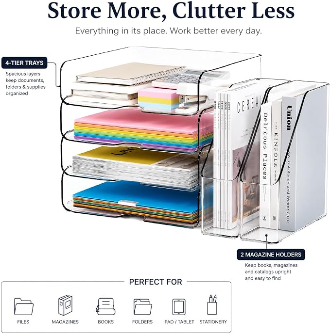 DCA 4 Tier Clear Desk Organizer, Letter Tray with 2 Magazine Holders | Stackable Desktop File Storage | Documents, Books & Supplies | Office & Home | Large Capacity
