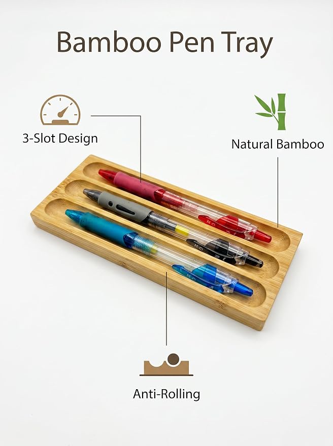 Natural Bamboo 3 Slot Pen Tray, Wooden Pen Holder Desk Organizer for Fountain Pens, Markers, Makeup Brushes, Minimalist Office Desk Storage Tray
