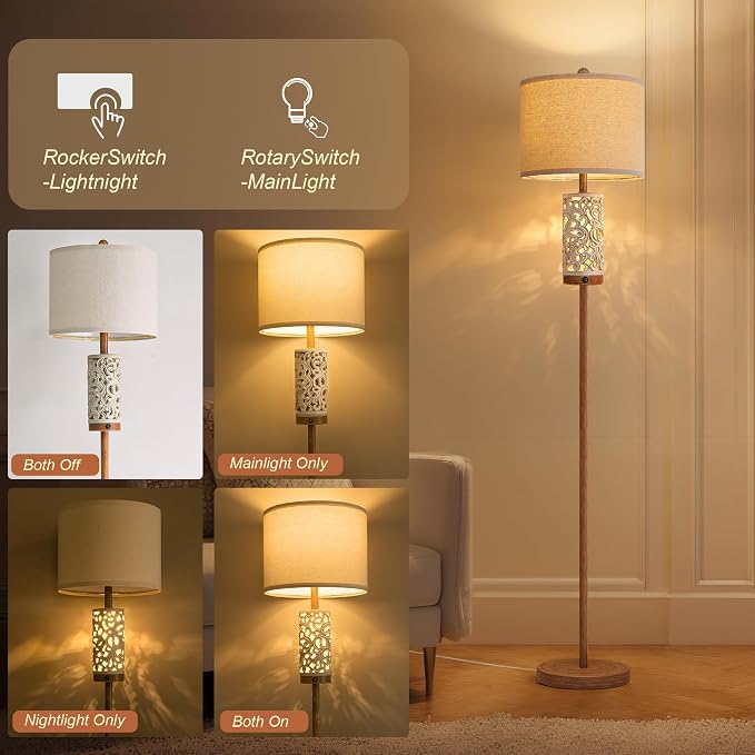 65" Floor Lamp with Night Light,Farmhouse Floor Lampfor Bedroom,Tall Floor Lamp for Living Room,Vintage Standing Lamp with Linen Shade,Boho Reading Lamp for Home Decor (Brown,Bulbs Included)