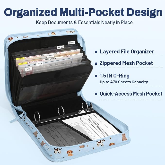 SUNEE Zipper Binder with Handle, 1.5 Inch O-Ring, 325 Pages Capacity, with 5-Tab Expanding File Folder for Classified Storage, Small Size Lightweight Zipper Bag for Middle School Students, Blue Dog