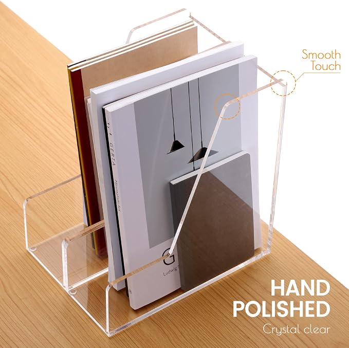 YUXUN 4-Pack Vertical File Holder for Desk, Acrylic Magazine Holder,Clear | Clear Binder Organizer Document Rack with Non-Slip Pads, Desktop Storage for Office, Home & School Lockers