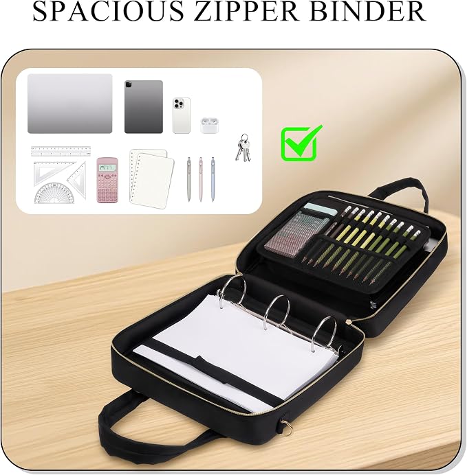 Zipper Binder | 3 Inch O-Ring, 600 Sheet Capacity Trapper Keeper with Shoulder Strap & Handle, Binder Bag with Multiple Storage Pockets, Fits 13" Laptop (Black)