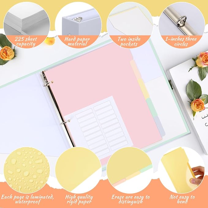 Ctosree 5 Sets 1 Inch Heavy Duty 3 Ring Binder with 2 Pockets with 5 Tab Dividers 8.5 x 11 Inch Plastic Film and File Folder Labels for Letter Size Paper Office Home Supplies (Cute Color)
