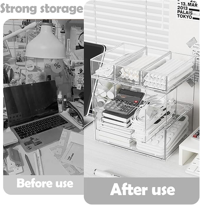 Desk Organizers, Makeup Organizer Storage, Desktop Office Supplies, Clear Desk Accessories, Dustproof Drawer Organizer and Storage for Make Up, Jewelry, Pen, Desktop Stationary (6 Drawers)