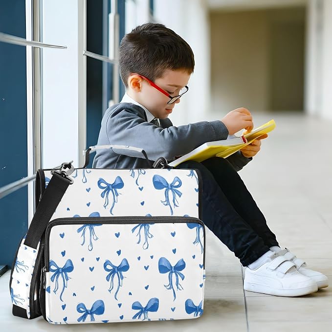 3 Ring Zipper Binder with Shoulder Strap Blue Bows Ribbons Polka Dots 2 Inch Zippered Binder Bag 500 Sheet Capacity Multi Pockets for School Supplies