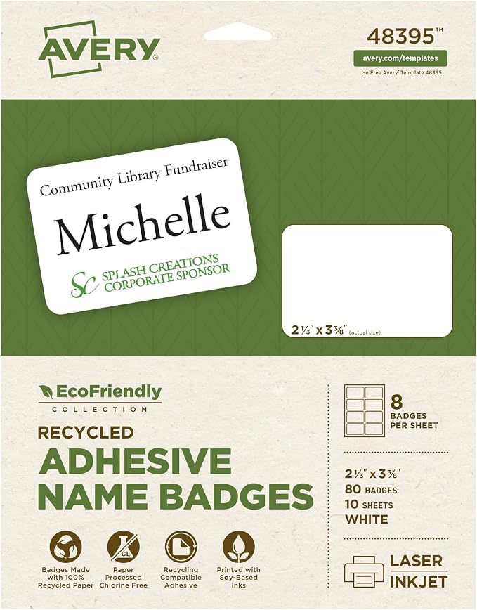 Avery EcoFriendly Recycled Name Tags, 2-1/3" x 3-3/8", White, Removable Adhesive, 80 Printable Name Badges (48395)