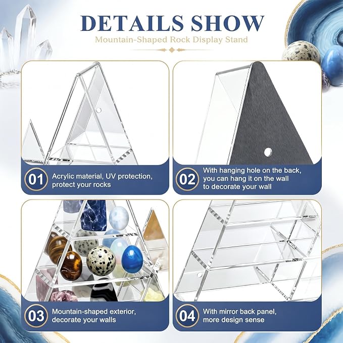 Cinnvoice Rock Display Case 30 Grids,Transparent Border,Mountain Style | Adjustable Acrylic Display Case, Crystal Organizer for Collectible, with Built-in Mirrored, Magnetic Door, Wall Mount