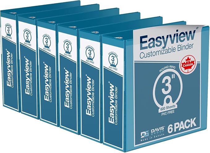 Easyview 3-Ring Binder, Clear-View Cover, 3" Round Rings, 6 Pack | Heavy-duty binder, fits 8.5" x 11" paper, turquoise blue, customizable cover, made in Canada, ideal for school or office use