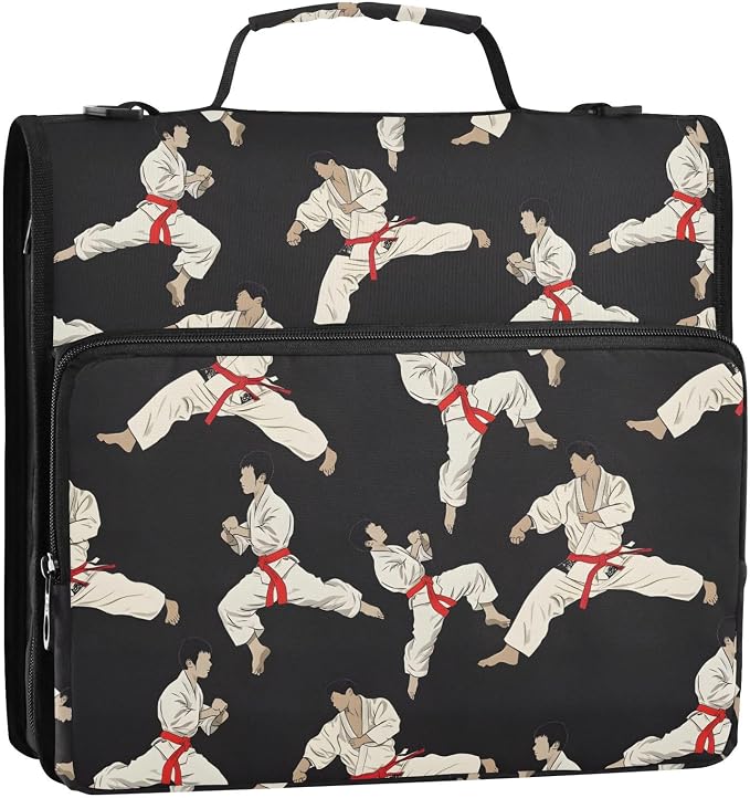 Karate Black Background 3 Ring Binder Bag 1.5 inch Binder Organizer with Zipper Shoulder Strap 500 Sheet Documents Storage for School Office