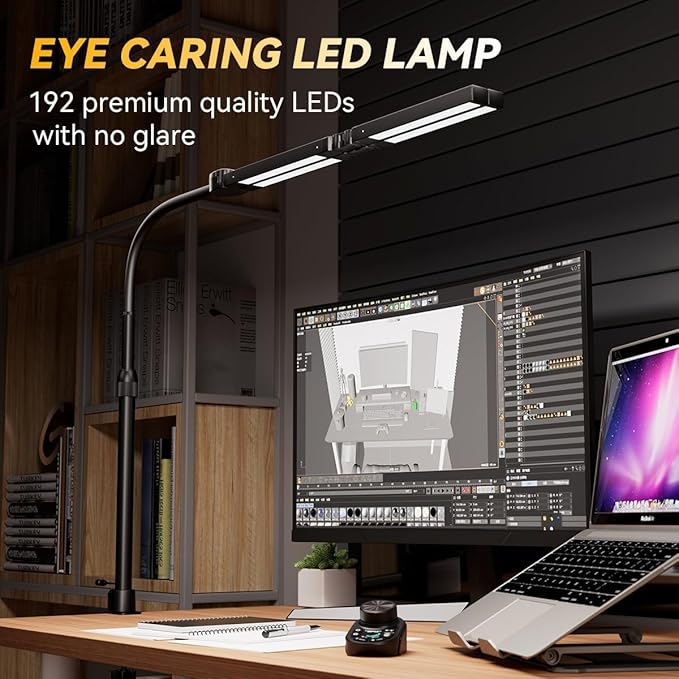 Adjustable LED Desk Lamp with Clamp, 4-Head Eye-Caring CRI95+ Desk Light, Stepless Dimming & Color Temp Remote Control, Flexible Neck, 5-Mode for Reading, Computer, Crafting, 90" Wide Desk Coverage