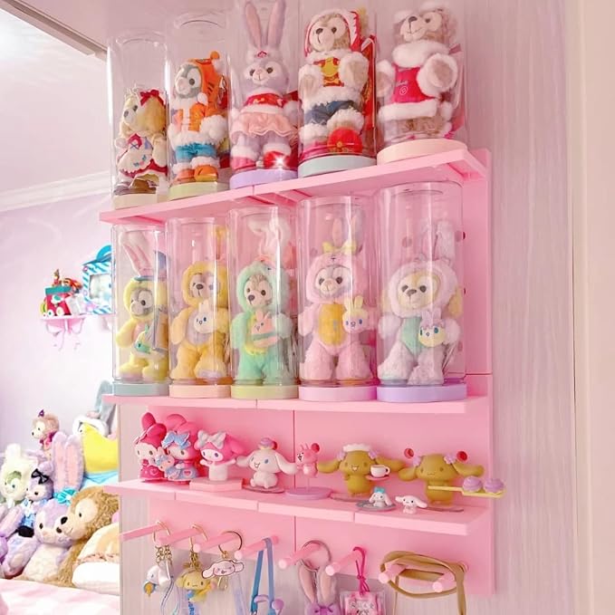 Kawaii Peg Board with Hook, Trinket Shelf for Bedroom, Cute Display Decor | 4 Pack Pegboard Ledges Organizer for Hanging Keychains, Decorative Wall Panel Kits for Blindboxes Lightweight Dolls, Pink