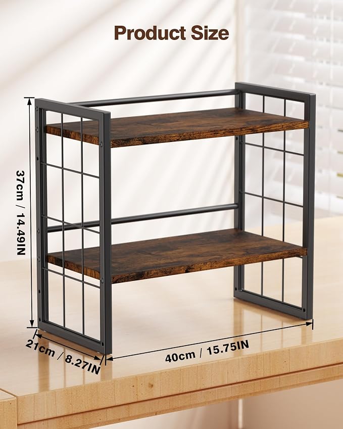 2-Tier Desktop Bookshelf, Desk Shelf Organizer, Rustic Brown | Adjustable Height & 3 Assembly Options, 4 Removable Hooks Provide Extra Storage for Supplies, Books & Home Decor