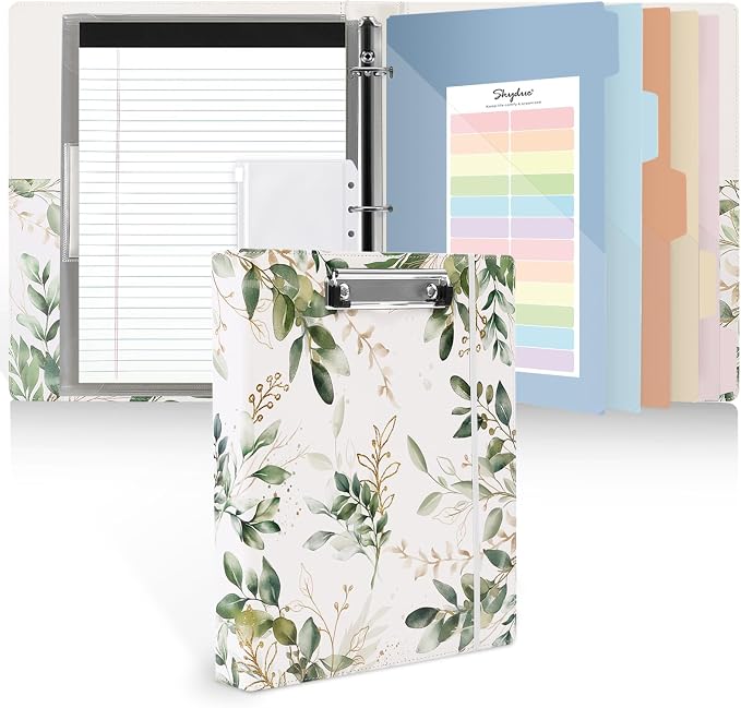 SKYDUE 1 Inch 3-Ring Binder with Clipboard, PU Aesthetic Binder with 5 Dividers, Notepad, Stickers & Pockets for Work and School (Letter Size)