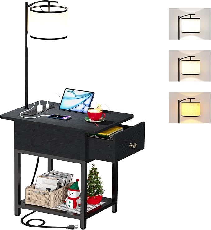 runjuly Floor Lamp with Table, Narrow Side Table with Charging Station | Wood Drawer, Built in Type-C and USB Port, Open Shelves, Light Attached Nightstand, End Table for Living Room Bedroom, Black