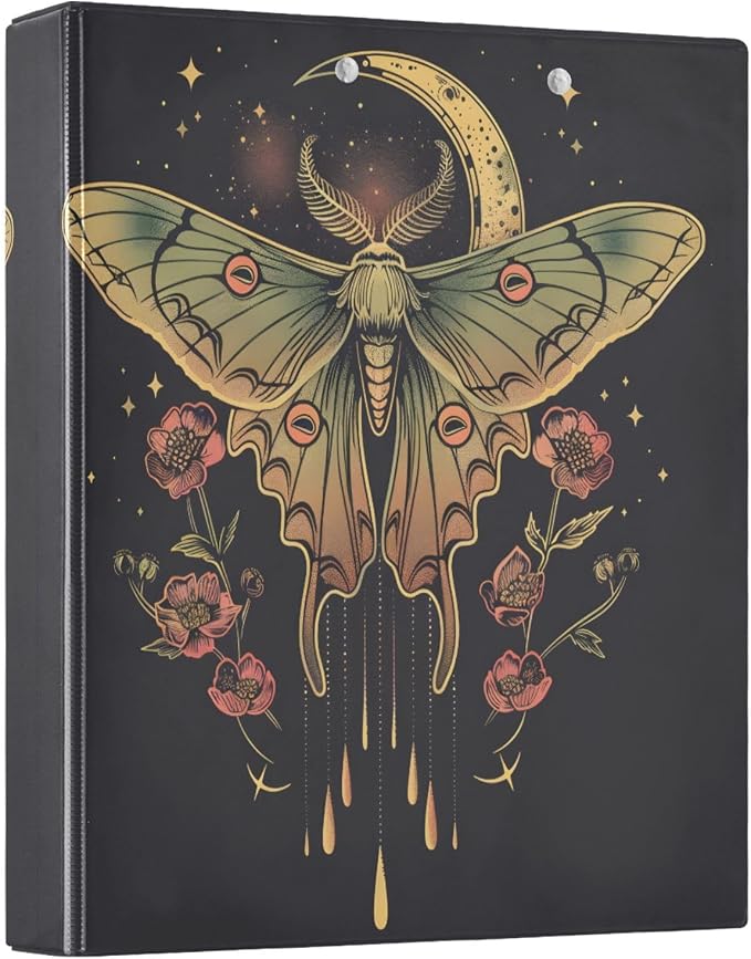 3 Ring Binder Moth Moon Floral 1.5" Round Ring Binders View Binder with 200 Sheet for Women Men Office Kids School Supplies, 1 Pack
