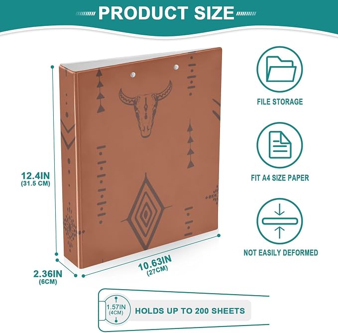 3 Ring Binder 2 Pack, 1.5 Inch D Ring A4 Letter Size Round Ring Binder with Clear Interior Pockets for Office Supplies Western Bull Boho