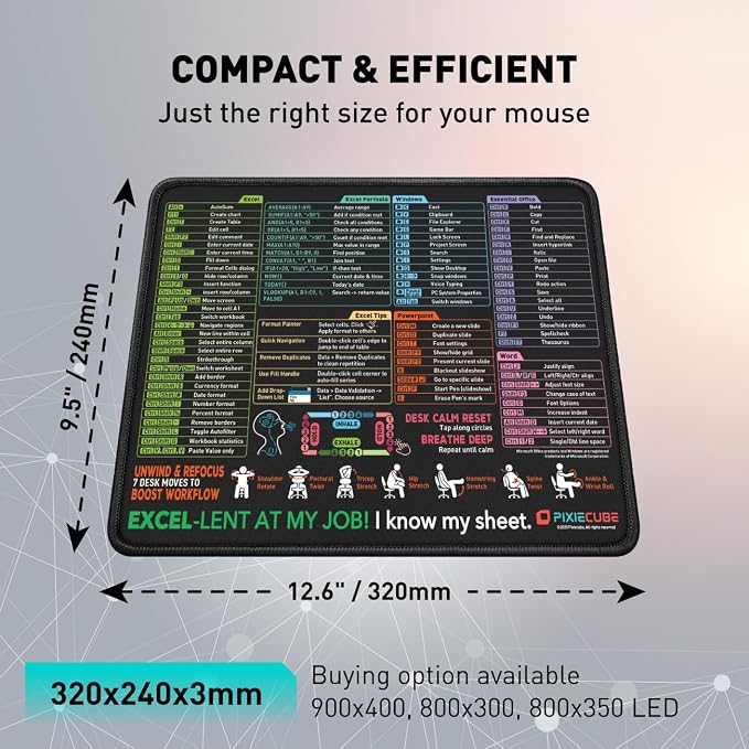 Pixiecube Excel Shortcut Mouse Pad with Windows, Word & PowerPoint Shortcuts - Small Excel Cheat Sheet Desk Pad | Non-Slip Stitched Gaming Mousepad | Large Mouse Pads for Desk Computers & Workstations