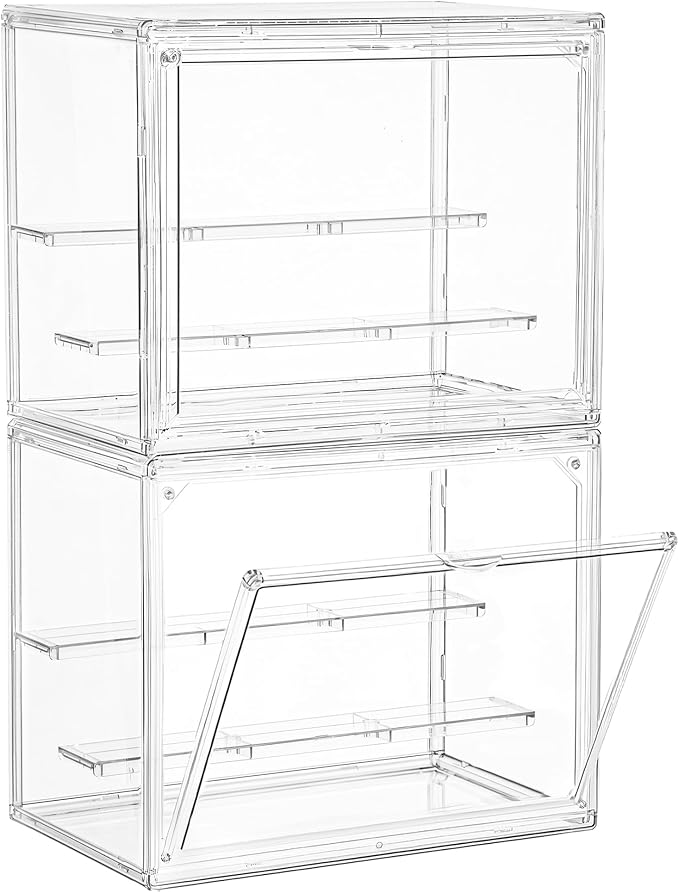 Small 3 Layer Acrylic Display Case Stackable Box for Collectibles,2 Pack | Removable Adjustable Partitions & Magnetic Door,Interlocking Stable Structure Clear Showcase for Collectibles Figure Storage