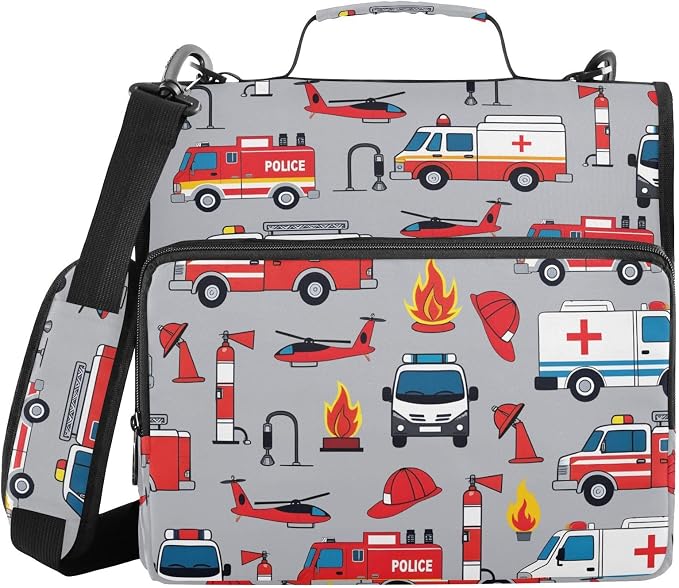Fire Engine Car Truck 3 Ring Binder Bag 1.5 inch Binder Organizer with Zipper Shoulder Strap 500 Sheet Documents Storage for School Office