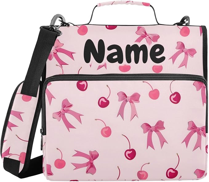 Custom Pink Bows Cherry 3 Ring Binder Bag 1.5 inch Personalized Name Binder Organizer 500 Sheet Documents Storage for School Office