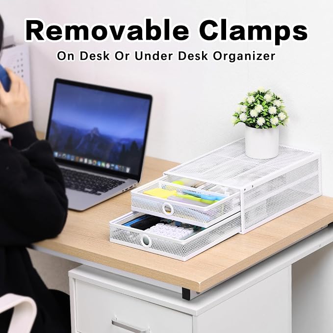 Under Desk Drawer, Clamp on Desk Organizer Slide Out Table Storage No Drill | 2Tier Under desk drawer: clamp on desk organizer, under desk drawer slide out, hanging desk organizer, no drill table storage
