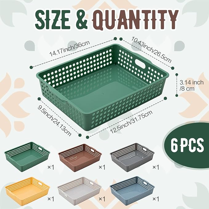 Geetery 6 Pack Classroom Storage Baskets with Handle 14''x10'' Paper Tray Holds A4 Turn in Trays Plastic Paper Baskets Desk Organizer Bin for Classroom, Library, Office, Home (Cottage Color)