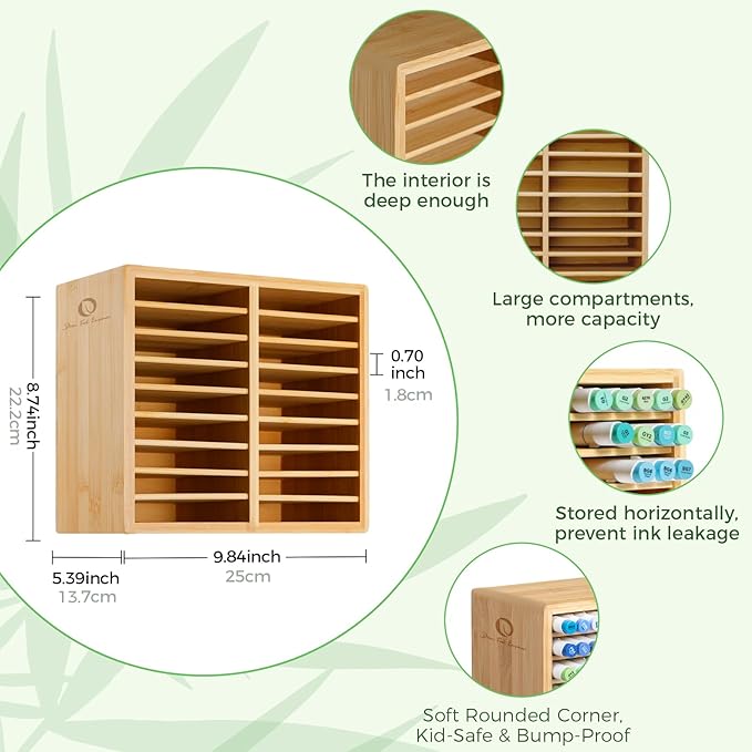 Ohuhu Bamboo Marker Organizer, Wooden Desktop Storage Holds 126 Markers | Markers Pens Pencils Art Brushes Stationary Organizer Pencil Holder with 18 Compartments for Classroom Office Decor Home